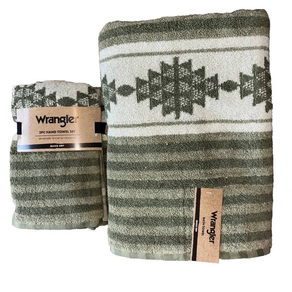 Wrangler Green Aztec Desert Mirage Western 2 Bath 2 Hand Towel Set Southwestern